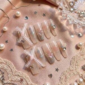 Elegant Pink and Silver Press-On Coffin Nails